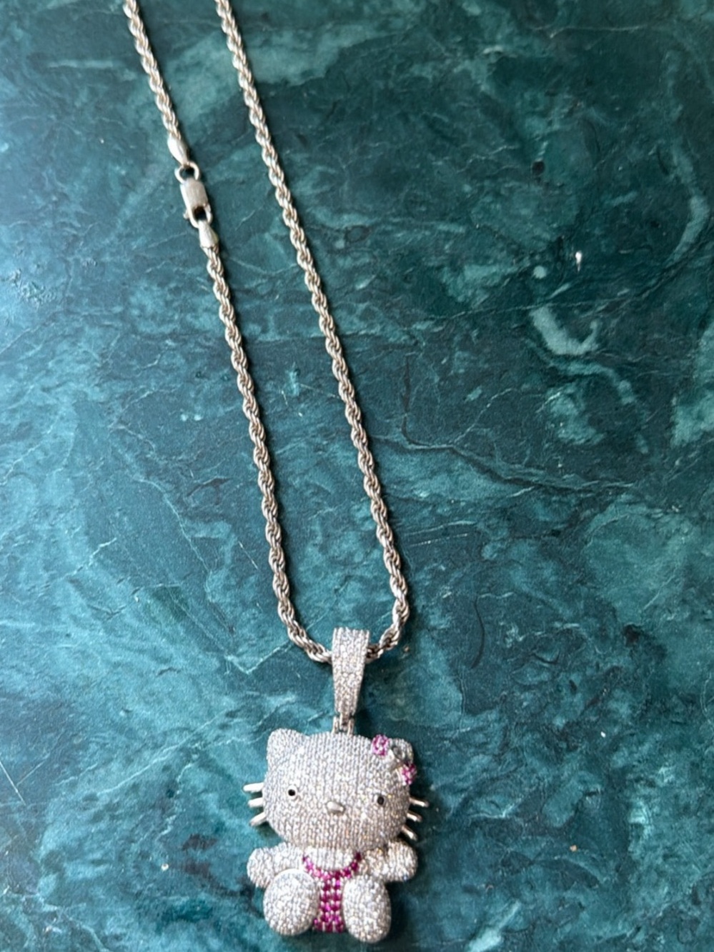 Silver and Pink Cat Pendant Necklace - Sparkling Kitty Charm